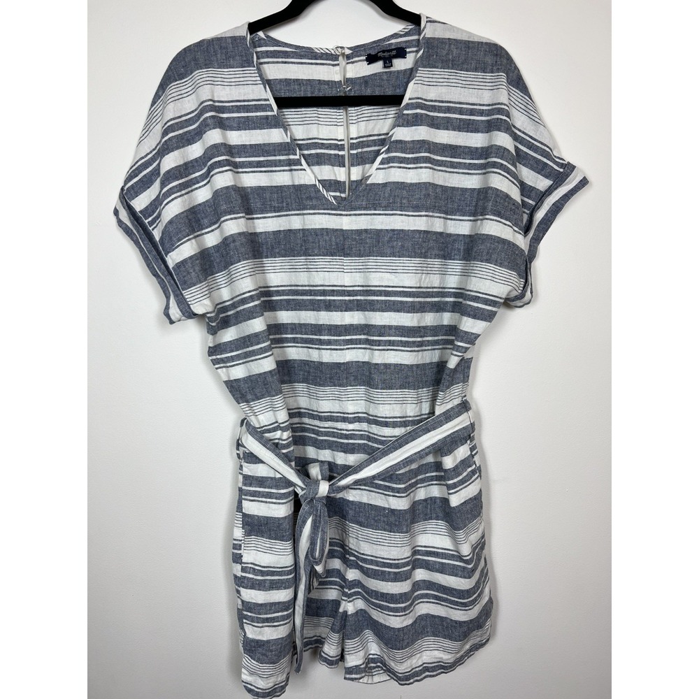 Madewell Women L Blue White Stripe Linen Cotton  Tie Romper Shorts Pockets Beach